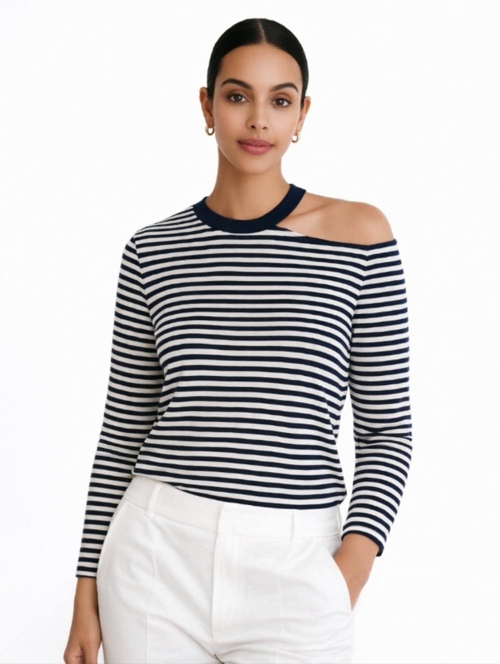Pretty Garden Striped Cold Shoulder Long Sleeve Tee Shirt Top Black White Large